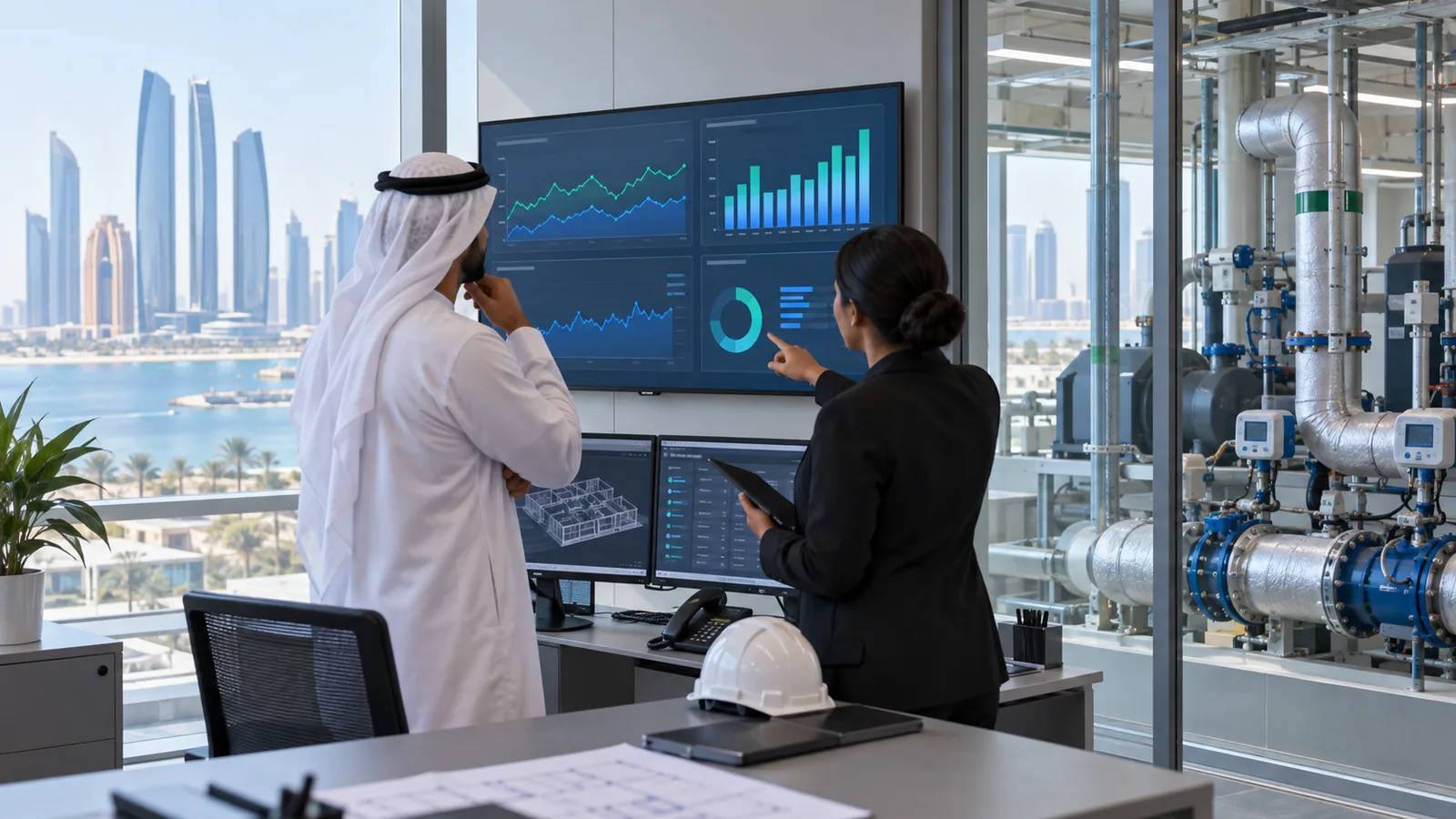 Illustrative Abu Dhabi building operations team reviewing utility data; not a photograph of the summit