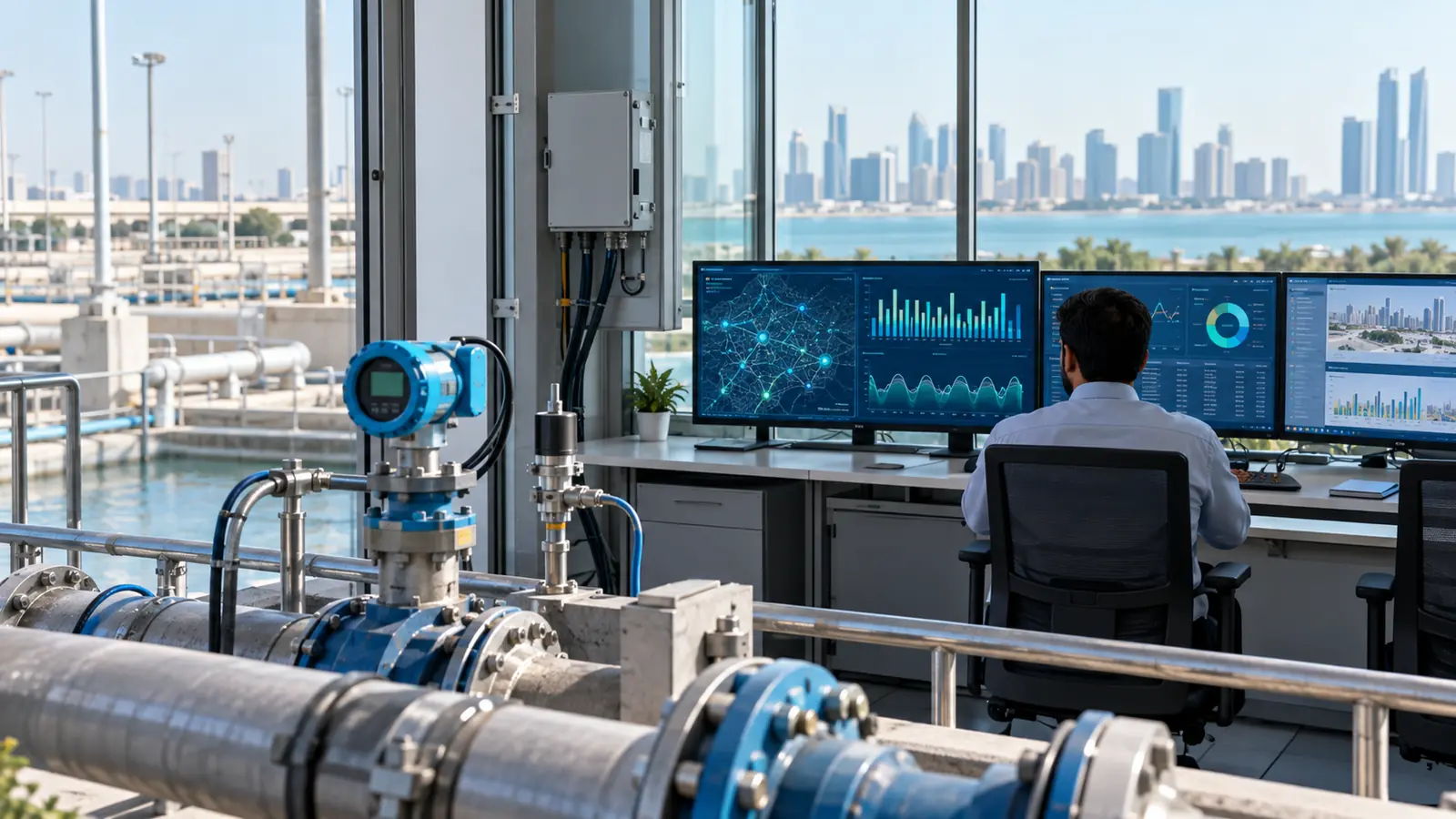 Smart water meter and operational dashboards monitoring flow, pressure, consumption, and leak signals in Abu Dhabi