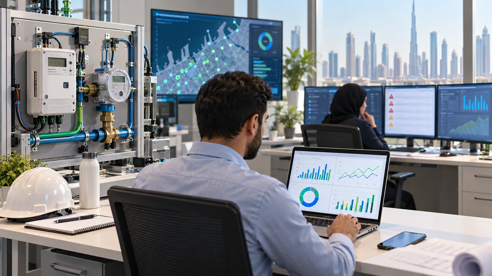 Illustrative utility operations desk with meters and dashboards; not a DEWA facility