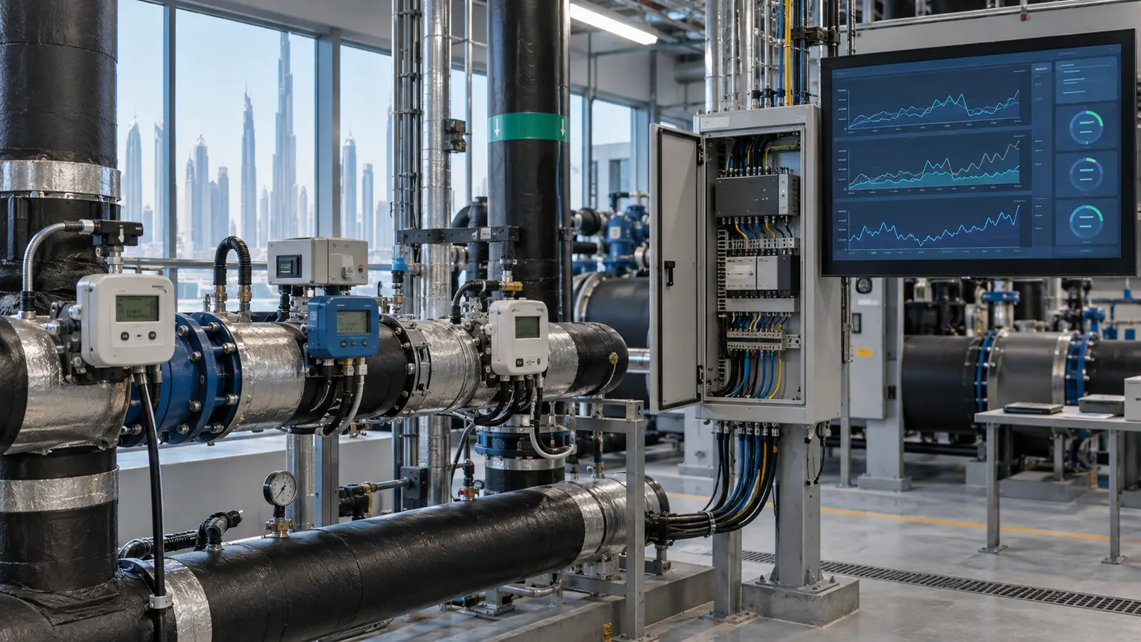 Different BTU meters connected through a gateway to one meter data management dashboard in a Dubai high-rise plant room