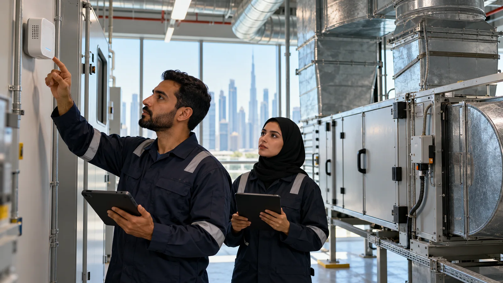 Illustrative building operations team checking an indoor-air sensor and ventilation equipment; not a WETEX event photograph