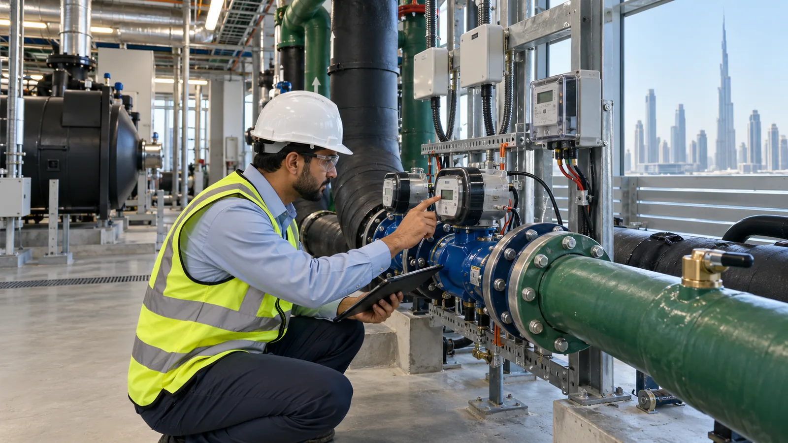 Illustrative Dubai building engineer reviewing meters in a plant room; not an EmiratesGBC event photograph