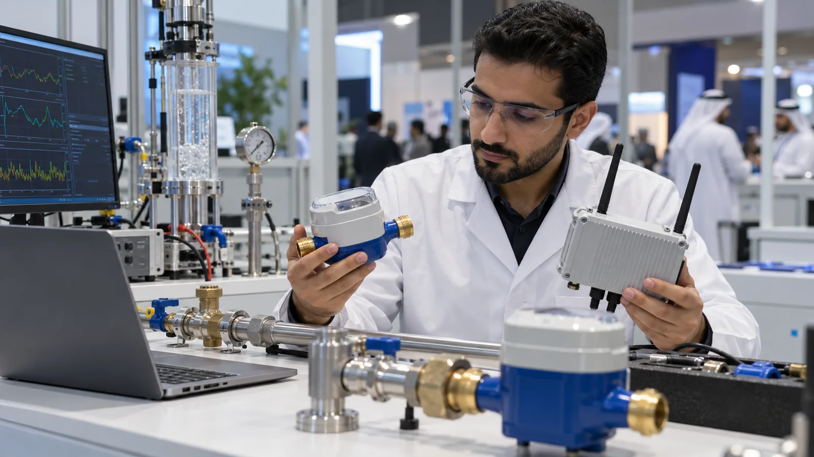 Illustrative engineer evaluating a water meter and gateway; not a photograph of WETEX or its exhibitors