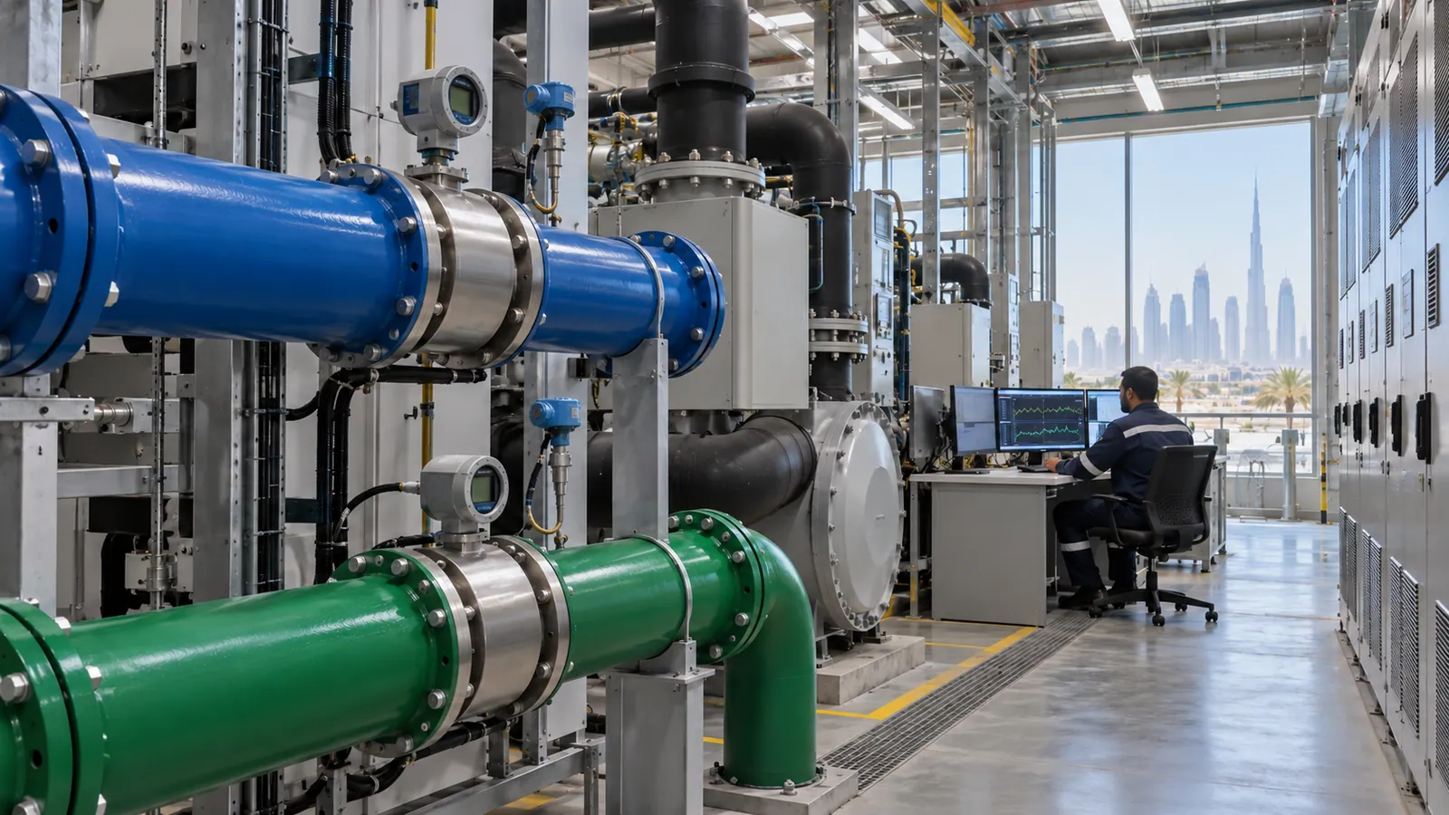 Illustrative UAE cooling plant with chilled-water meters and an operator reviewing equipment data; not a Khazna facility