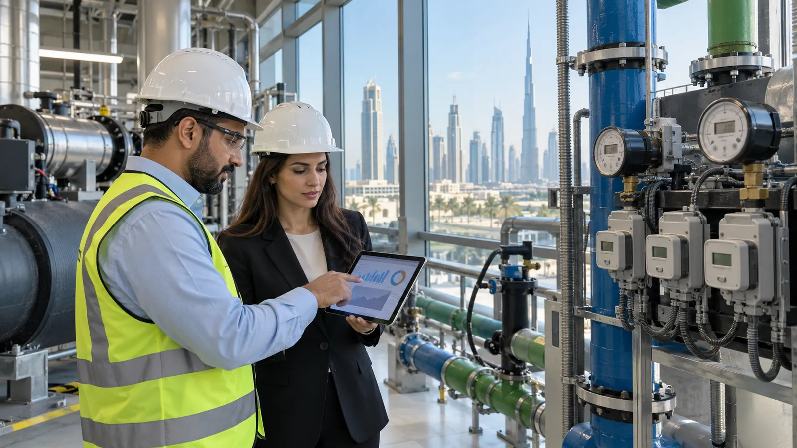 Illustrative Dubai building plant room where an engineer and asset manager review meter data; not a photograph of WGES